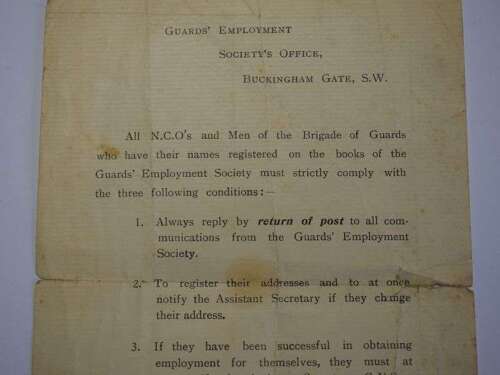 52) WW1 Era Guards Brigade Employment Society Letter