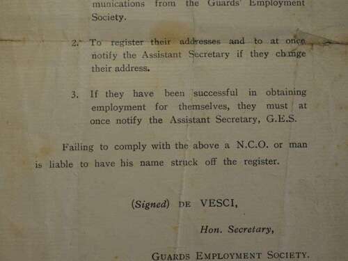52) WW1 Era Guards Brigade Employment Society Letter