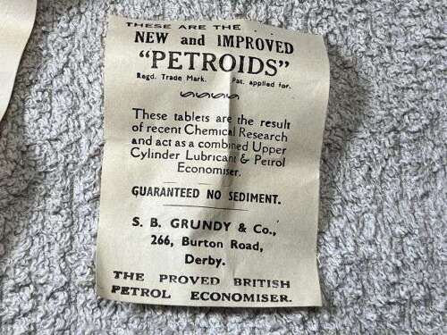 33) Complete Original WW2 Wartime Grundy's Petroids To Increase Fuel Economy Dated 1940