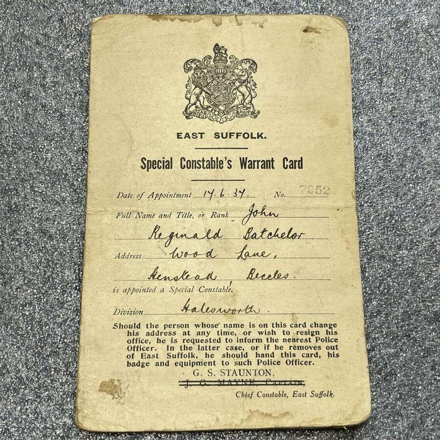 40) Good Original Pre WW2 East Suffolk Special Constable&rsquo;s Warrant Card Dated 1937