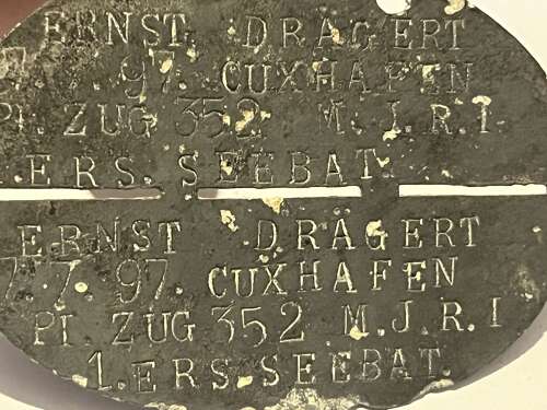 55) Imperial German ID Tag Ernst Dragert 7.7.97. Cuxhafen PI.Zug 352 MJRI 1 Ers Seebat