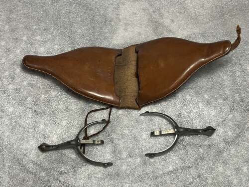 112) Very Nice 1930s British Cavalry Officers Removeable Spurs & 1934 Dated Leather Case