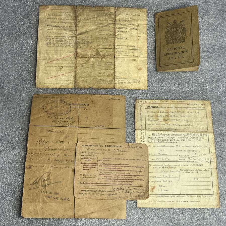5) A Set Of 5 Tatty Original WW1 Papers To Frederick P Crane ASC From Malmesbury, Wilts