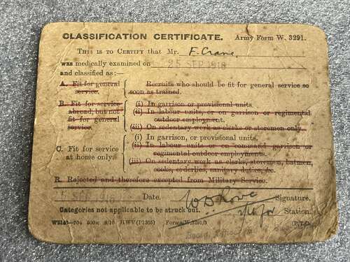 5) A Set Of 5 Tatty Original WW1 Papers To Frederick P Crane ASC From Malmesbury, Wilts