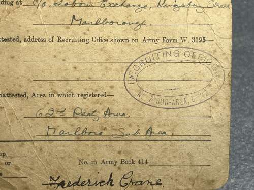 5) A Set Of 5 Tatty Original WW1 Papers To Frederick P Crane ASC From Malmesbury, Wilts