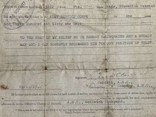 5) A Set Of 5 Tatty Original WW1 Papers To Frederick P Crane ASC From Malmesbury, Wilts
