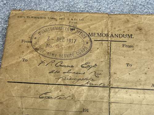 5) A Set Of 5 Tatty Original WW1 Papers To Frederick P Crane ASC From Malmesbury, Wilts