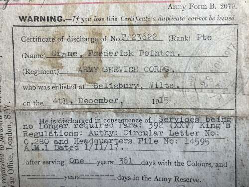 5) A Set Of 5 Tatty Original WW1 Papers To Frederick P Crane ASC From Malmesbury, Wilts