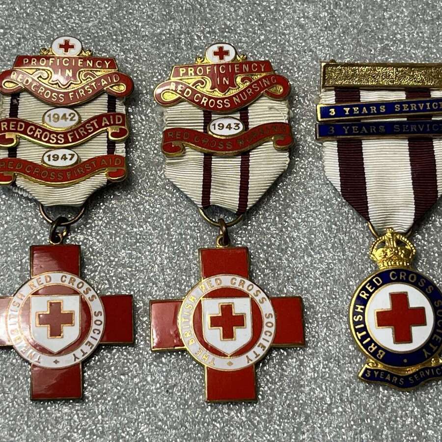 18) A Set Of 3 WW2 Era Red Cross Medals 1942, 1943, 1947 & 3 Years Service Medal.