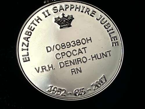 51) Mint Boxed Queen Elizabeth II Sapphire Jubilee Medal & Miniature Named Deniro-Hunt RN