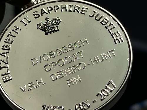 51) Mint Boxed Queen Elizabeth II Sapphire Jubilee Medal & Miniature Named Deniro-Hunt RN