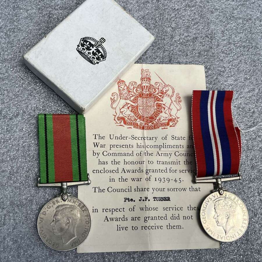 90) Boxed Original Defence & War Medal Pair Glasgow Home Guard Casualty Pte J.F.Turner