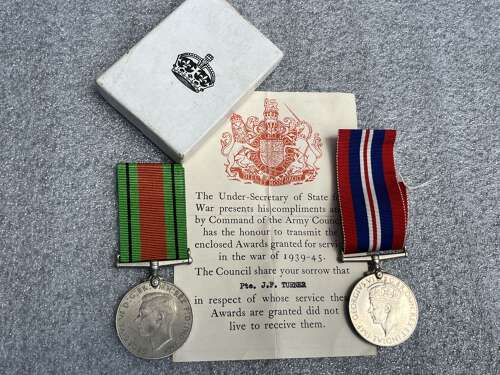 90) Boxed Original Defence & War Medal Pair Glasgow Home Guard Casualty Pte J.F.Turner
