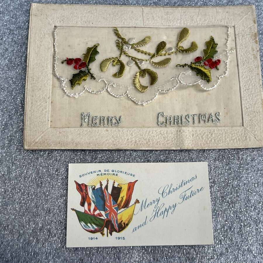 95) Lovely Original WW1 Patriotic Silk Christmas Card Post Card France 1915
