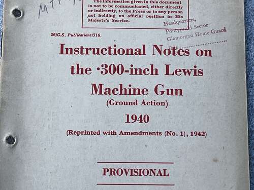 126) Excellent Original WW2 Instructional Notes On The .300-Inch Lewis Machine Gun 1940