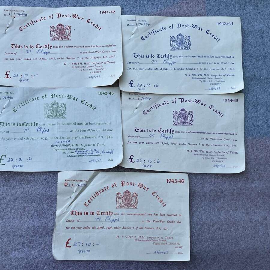 56) Nice Group Of 5 Post War Credit Certificates To The Same Man Dated 1941-1946