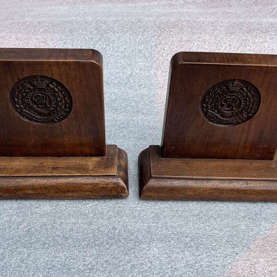 6) Lovely Ornate 1930s-WW2 Wooden Book Ends With Carved Royal Engineers GRVI Badge