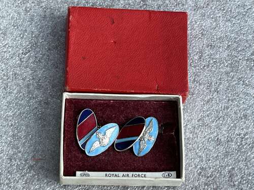 114) Excellent Original 1930s-WW2 RAF Enamelled Cuff Links In Original Box