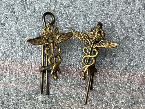 162) Good Original WW2 RAF Medical Brance Issue Collar Badge Pair